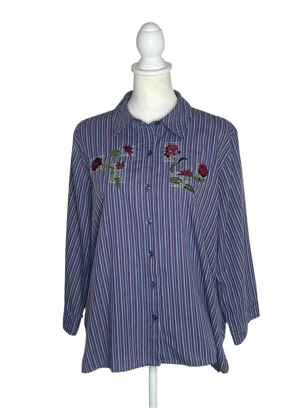 breckenridge Vintage Striped Button-Down Floral Embroidery EUC Sz L Grannycore